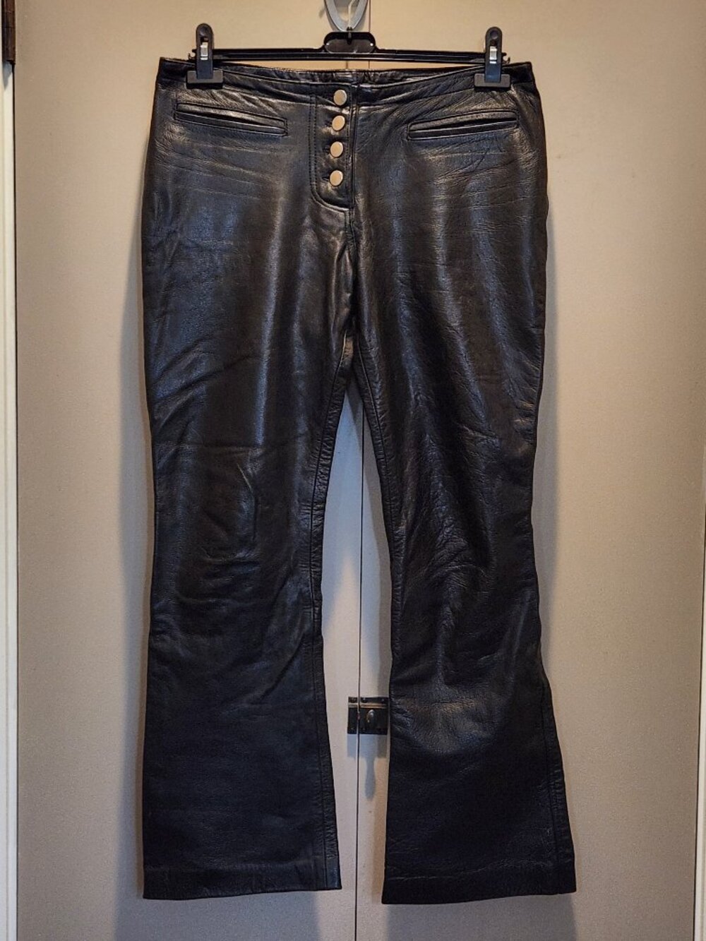 VTG Serious Clothing Blk Leather Pants Y2K Goth Punk Button Fly Red Lining SZ M